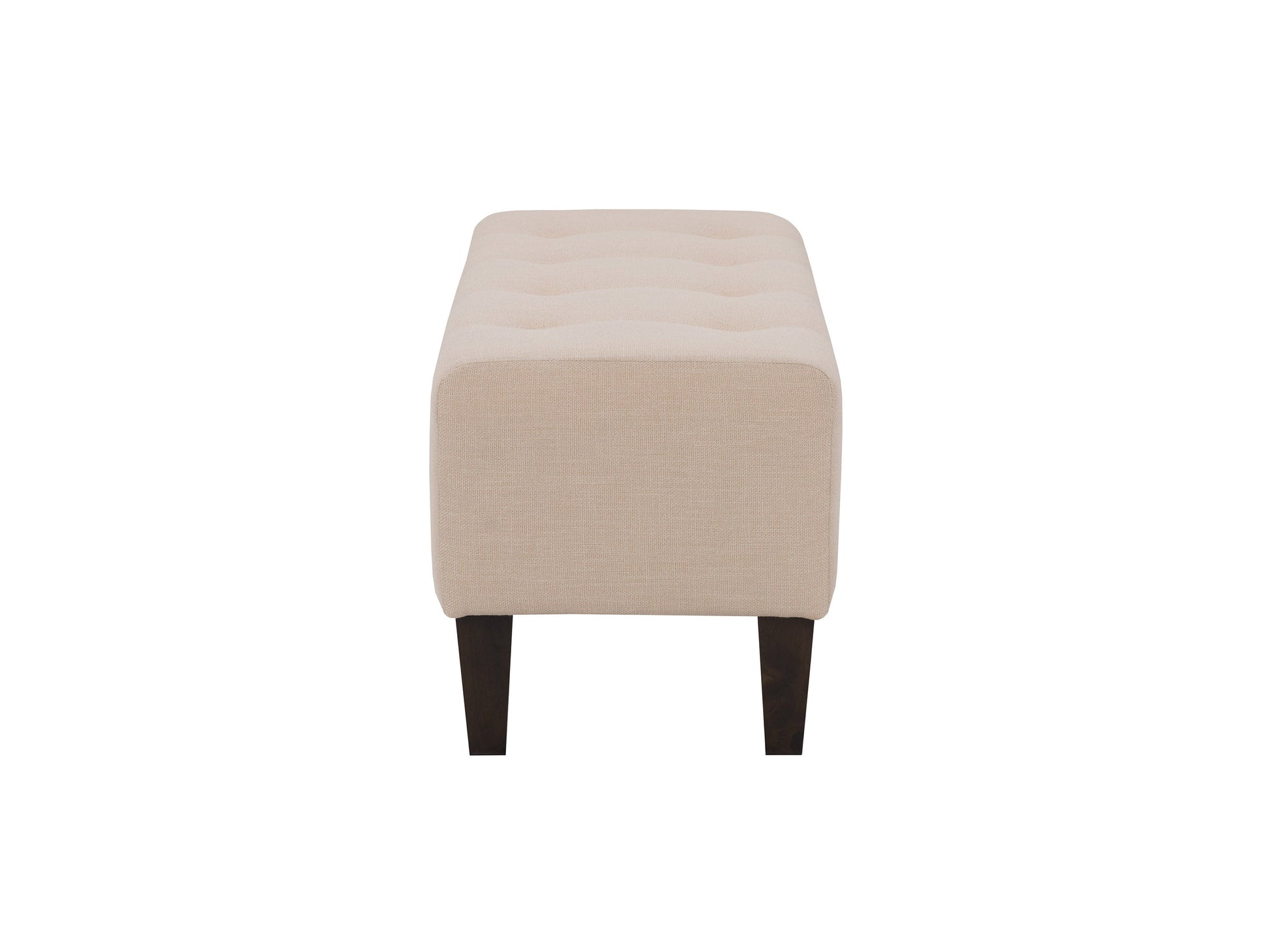 Cream accent bench with wooden legs, upholstered in soft fabric, featuring a minimalist design and tufted seat.
