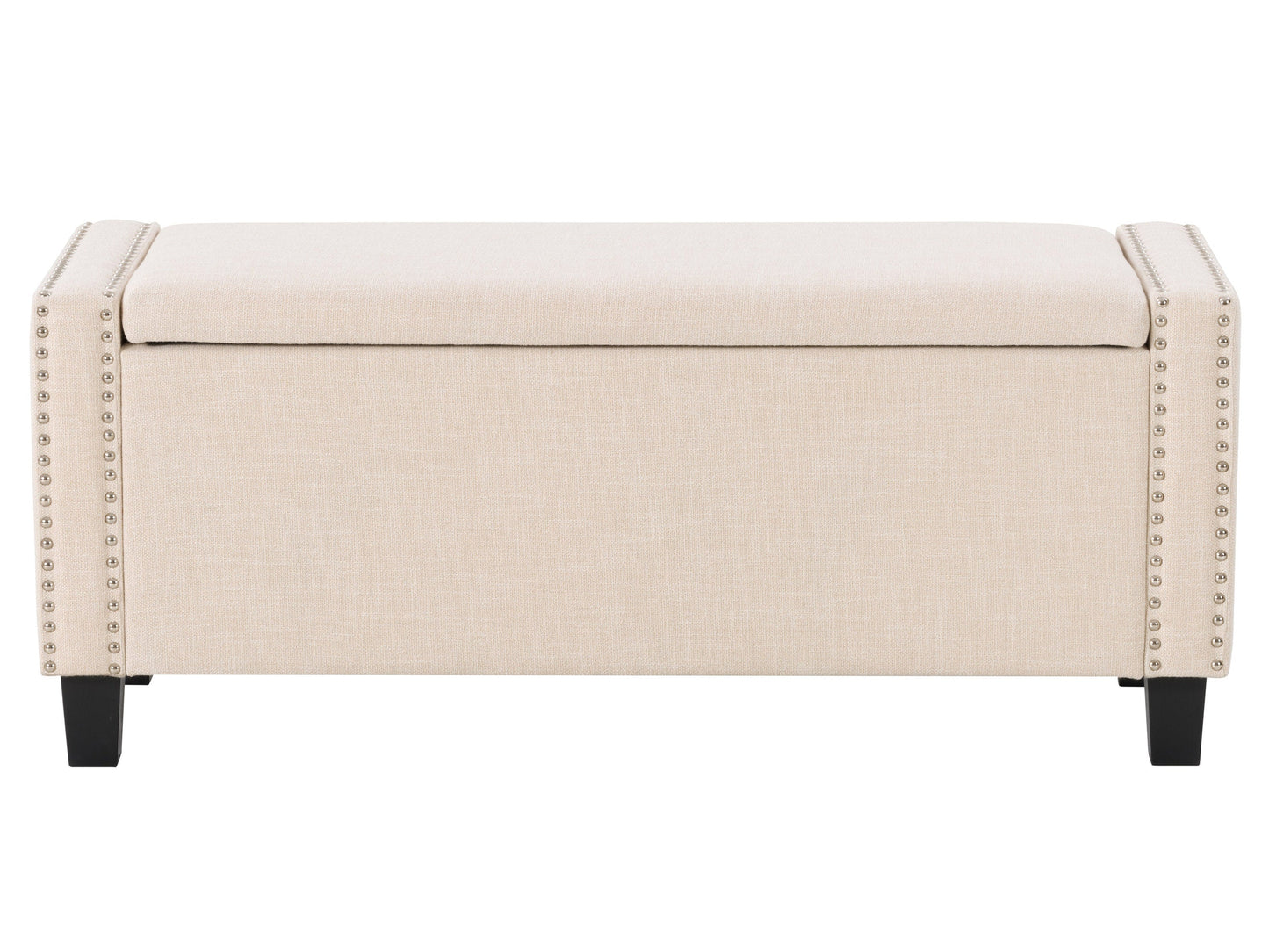 A beige storage ottoman with silver studs
