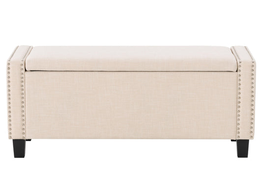 Beige storage ottoman with tufted fabric, wooden legs, and hidden compartment for living room or bedroom.