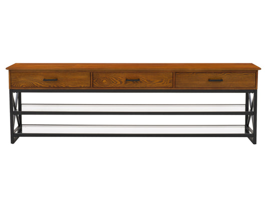 Cherry brown TV stand for TVs up to 95", sleek wooden design with multiple storage compartments and cable management.