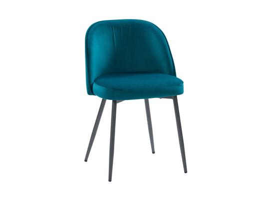 Teal velvet dining chair with gold metal legs and tufted backrest, modern and elegant design.