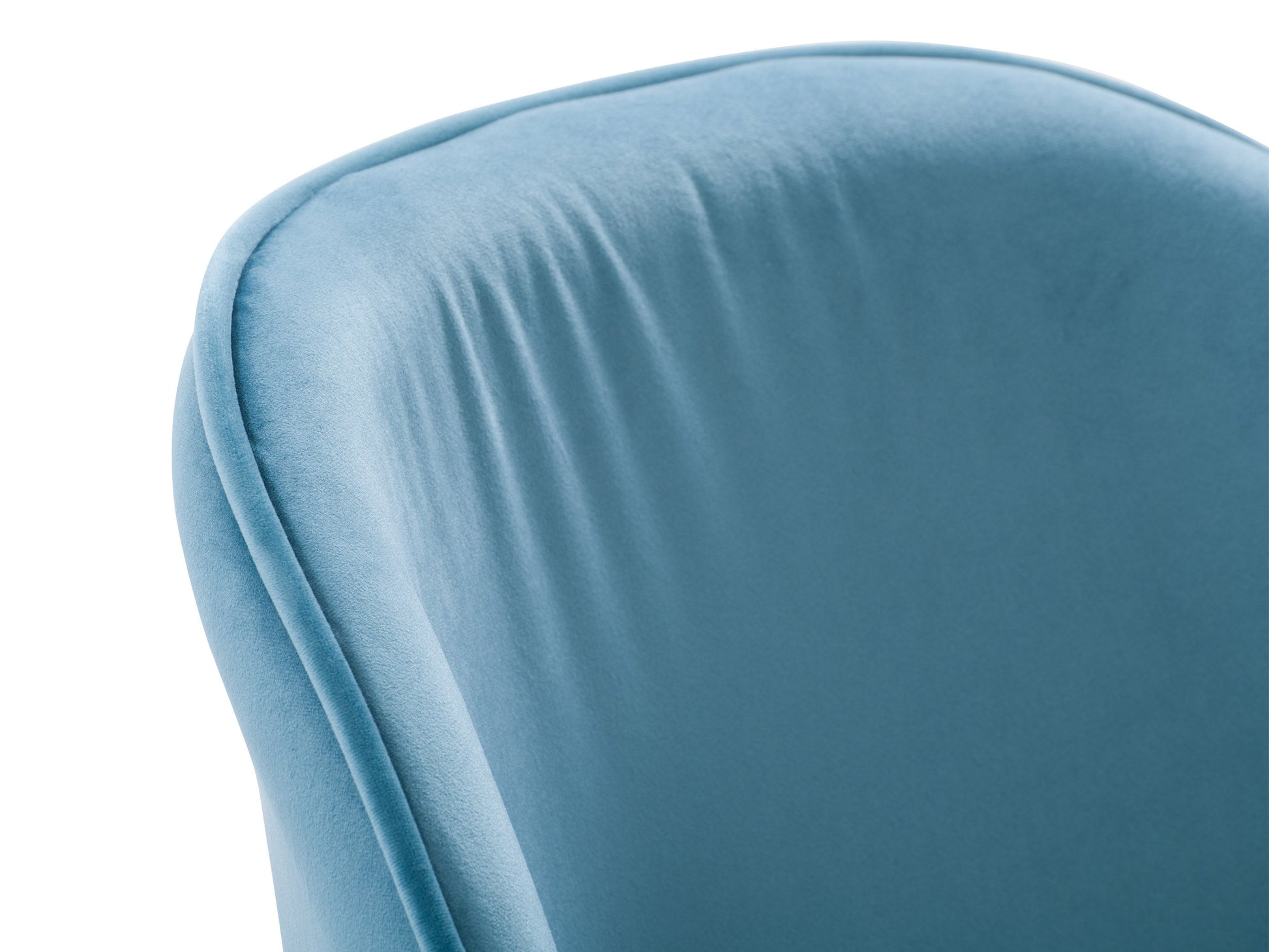 Blue velvet dining chair with gold metal legs, tufted backrest, and elegant design.