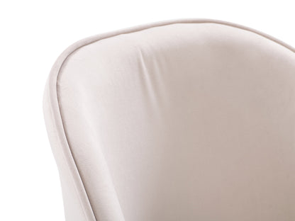 Beige velvet dining chair with tufted back, wooden legs, and contemporary design.