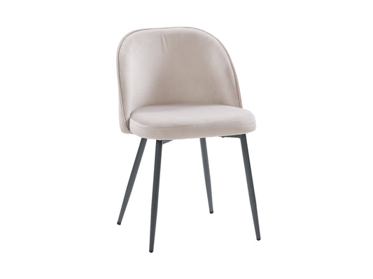Beige velvet dining chair with gold metal legs, tufted backrest, and modern design.