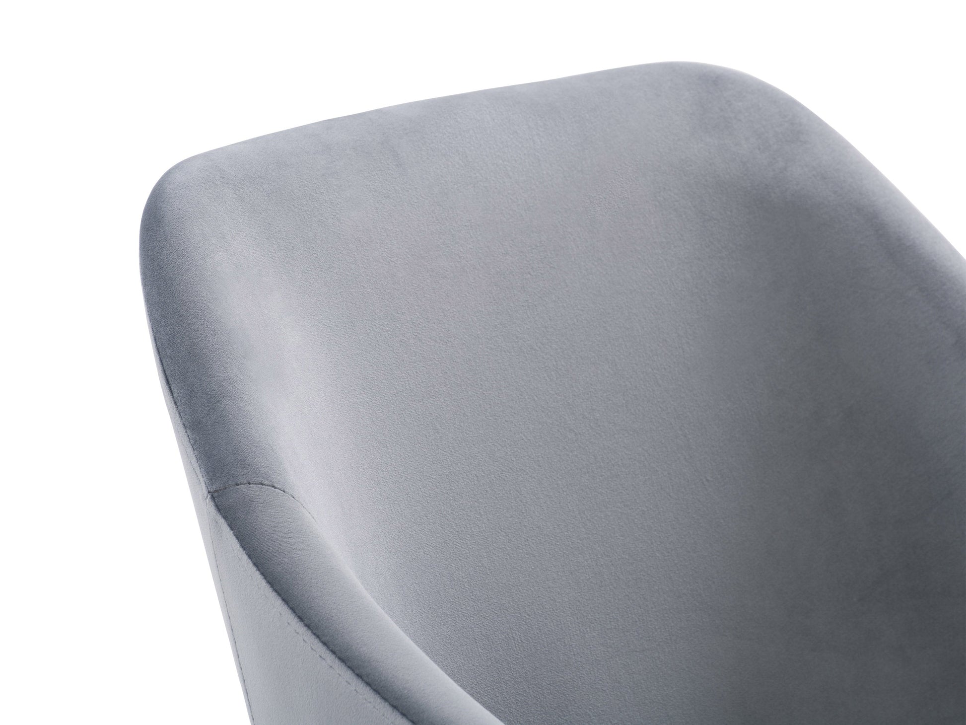 Elegant grey velvet dining chairs set with gold metal legs, tufted backrest, and modern design.