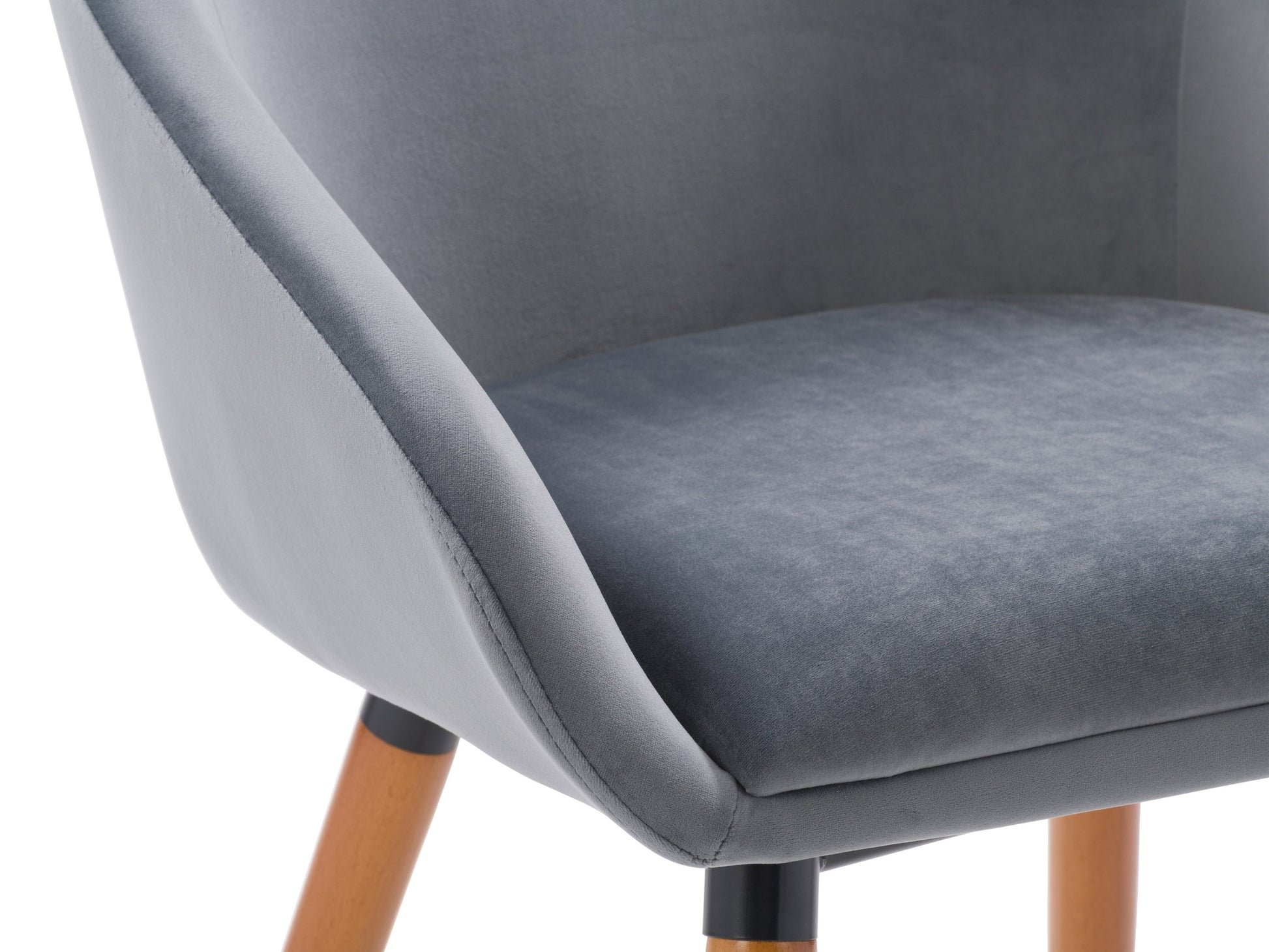 Grey velvet dining chairs with gold metal legs, curved backrest, and modern design, set of 2.