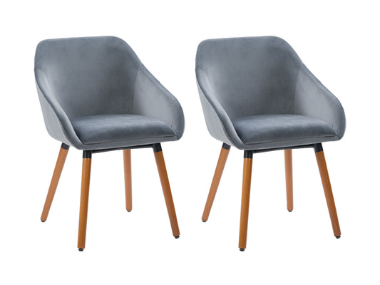 Grey velvet dining chairs set of 2 with gold metal legs, plush upholstery, and modern design.