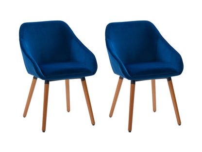 Two blue chairs with wooden legs