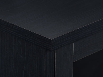 Black TV stand for up to 95" TVs, sleek design with open shelving, and cable management features.