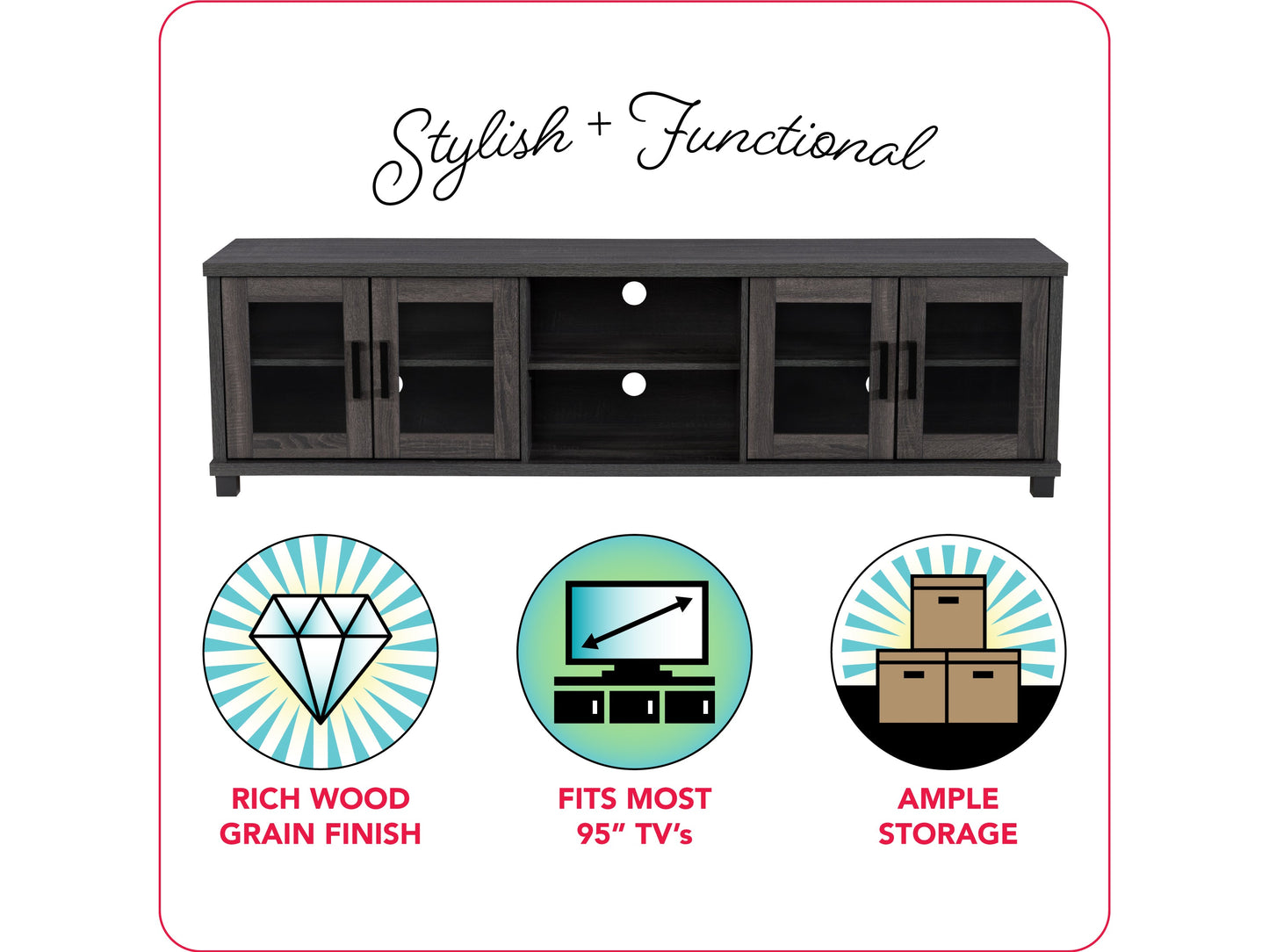 Dark grey TV stand for up to 95" TVs, featuring sleek design, ample storage, and durable materials.