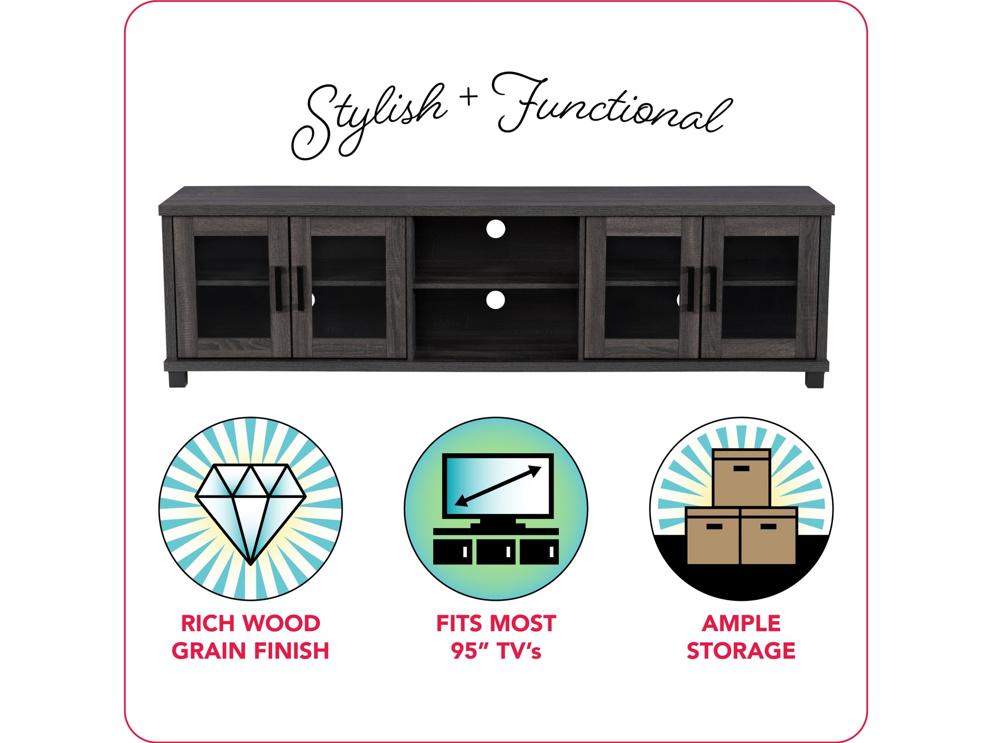 Dark grey TV stand for up to 95" TVs, featuring sleek design, ample storage, and durable materials.