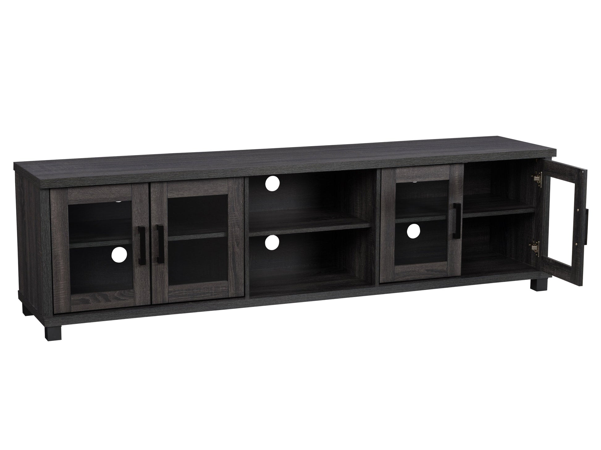 Dark grey TV stand for up to 95" TVs, featuring sleek design, ample storage, and durable wood construction.