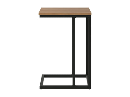 Brown wood narrow side table with sleek design and lower shelf for storage.