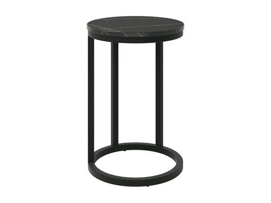 Black marble round side table with sleek metal legs, modern design, and smooth surface finish.
