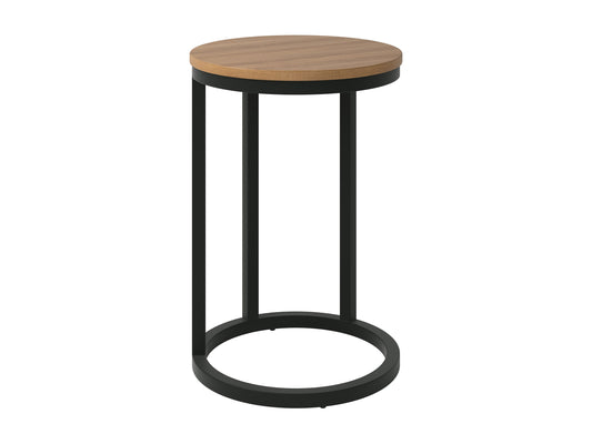 Round side table in brown wood with sleek black metal legs, ideal for modern living rooms.