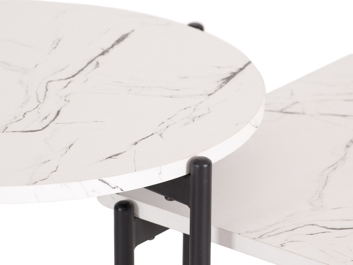 White marble coffee table set with gold metal frame, modern design, and sleek finish.