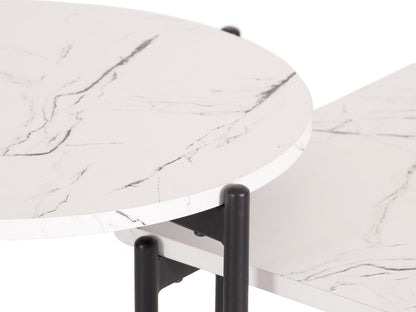 White marble coffee table set with gold metal frame, modern design, and sleek finish.