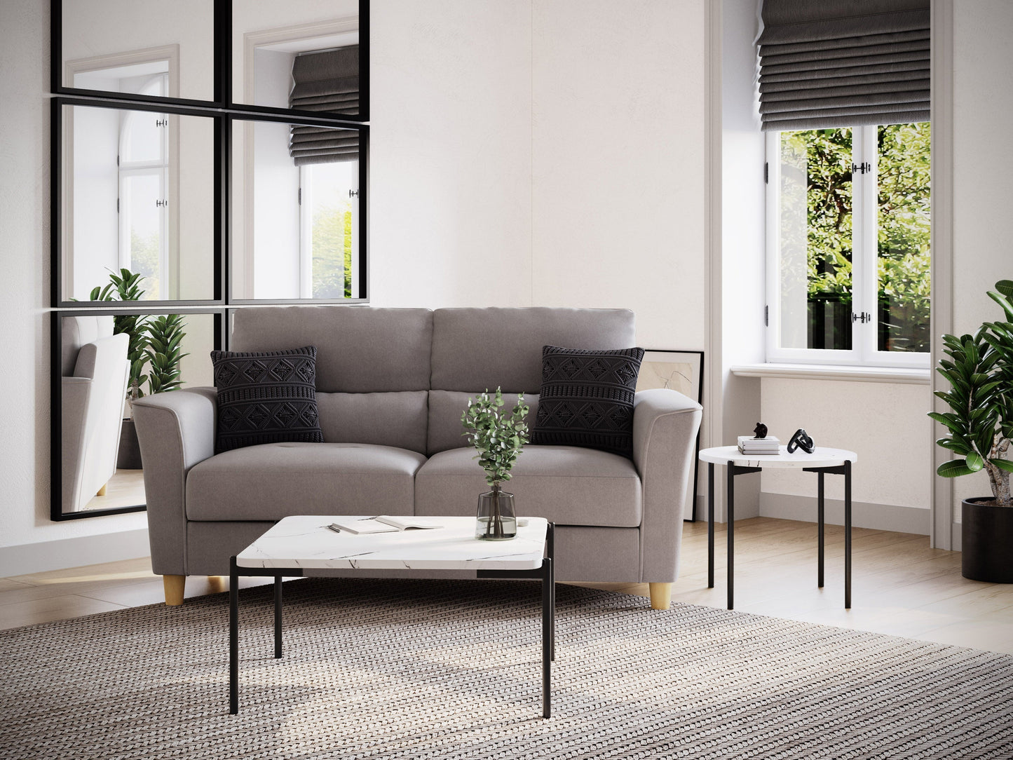 White marble coffee table set with gold metal legs and sleek modern design.