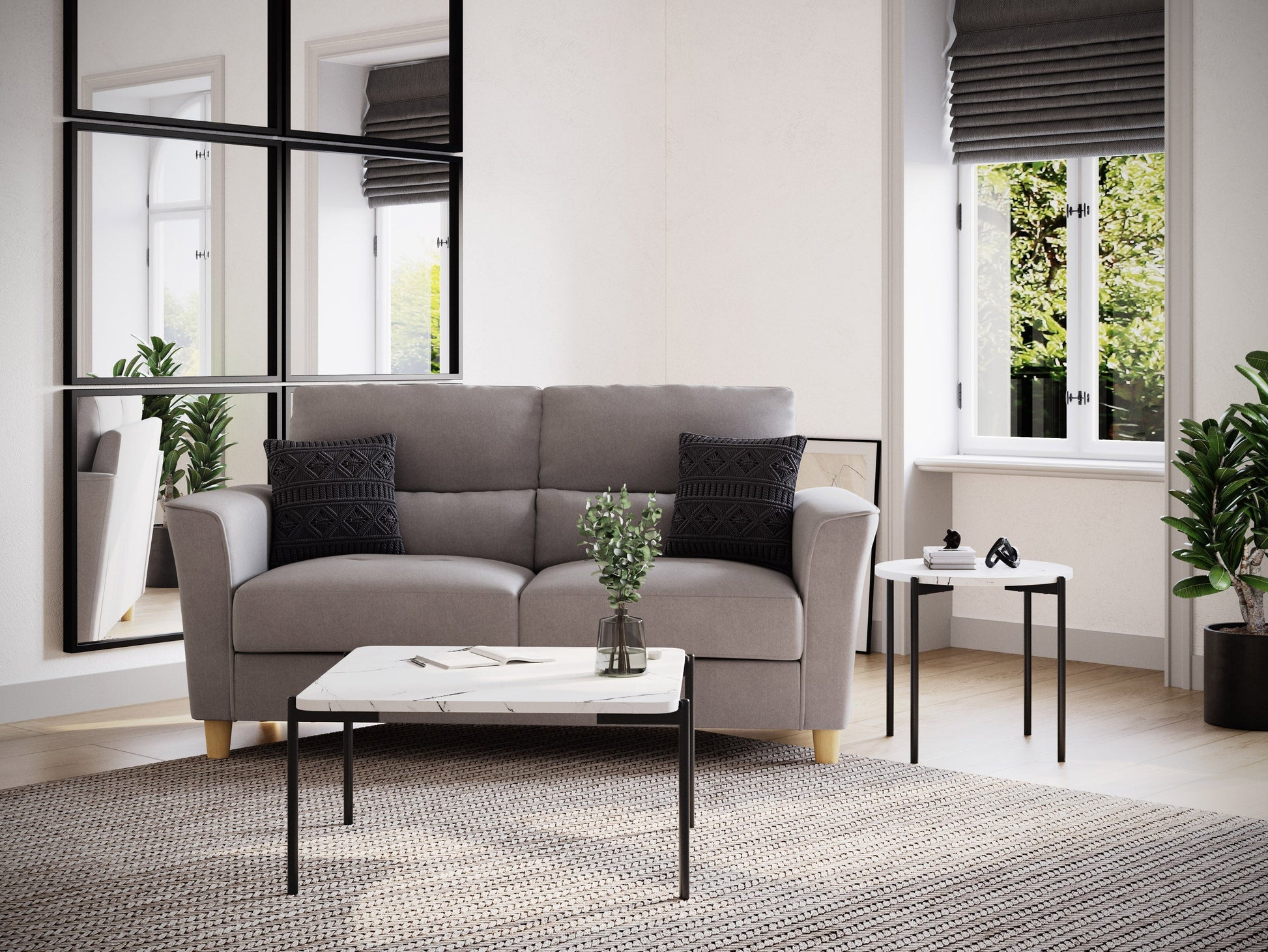 White marble coffee table set with gold metal legs and sleek modern design.