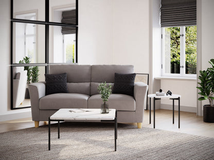 White marble coffee table set with gold metal legs and sleek modern design.