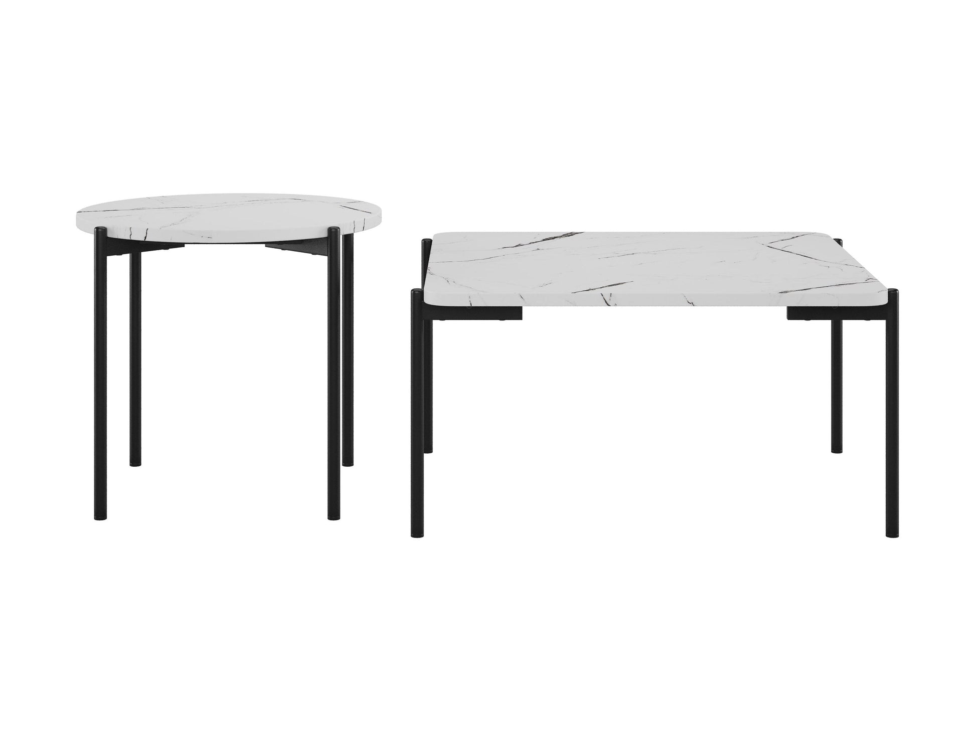 White marble coffee table set with gold metal frame, modern design, and sleek finish for living room decor.