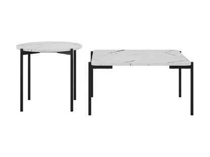 White marble coffee table set with gold metal frame, modern design, and sleek finish for living room decor.