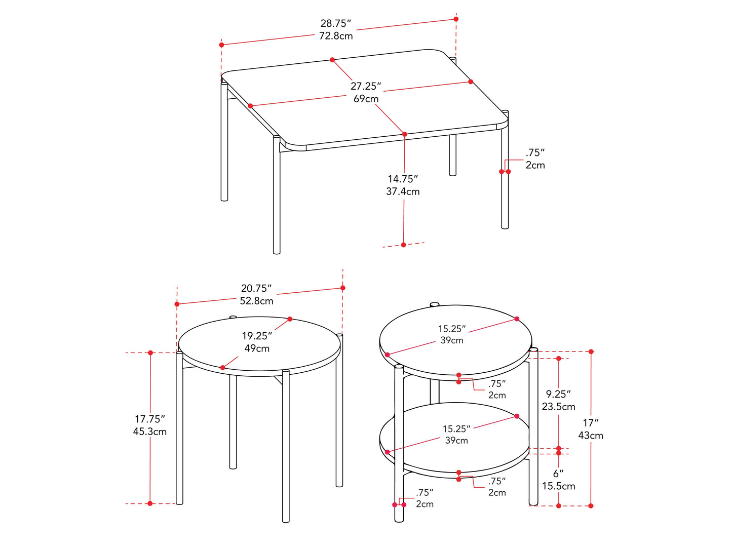 3 piece coffee table set with glass tops, black metal frames, and a contemporary design.