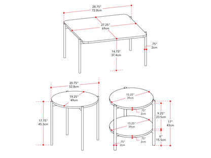 3 piece coffee table set with glass tops, black metal frames, and a contemporary design.