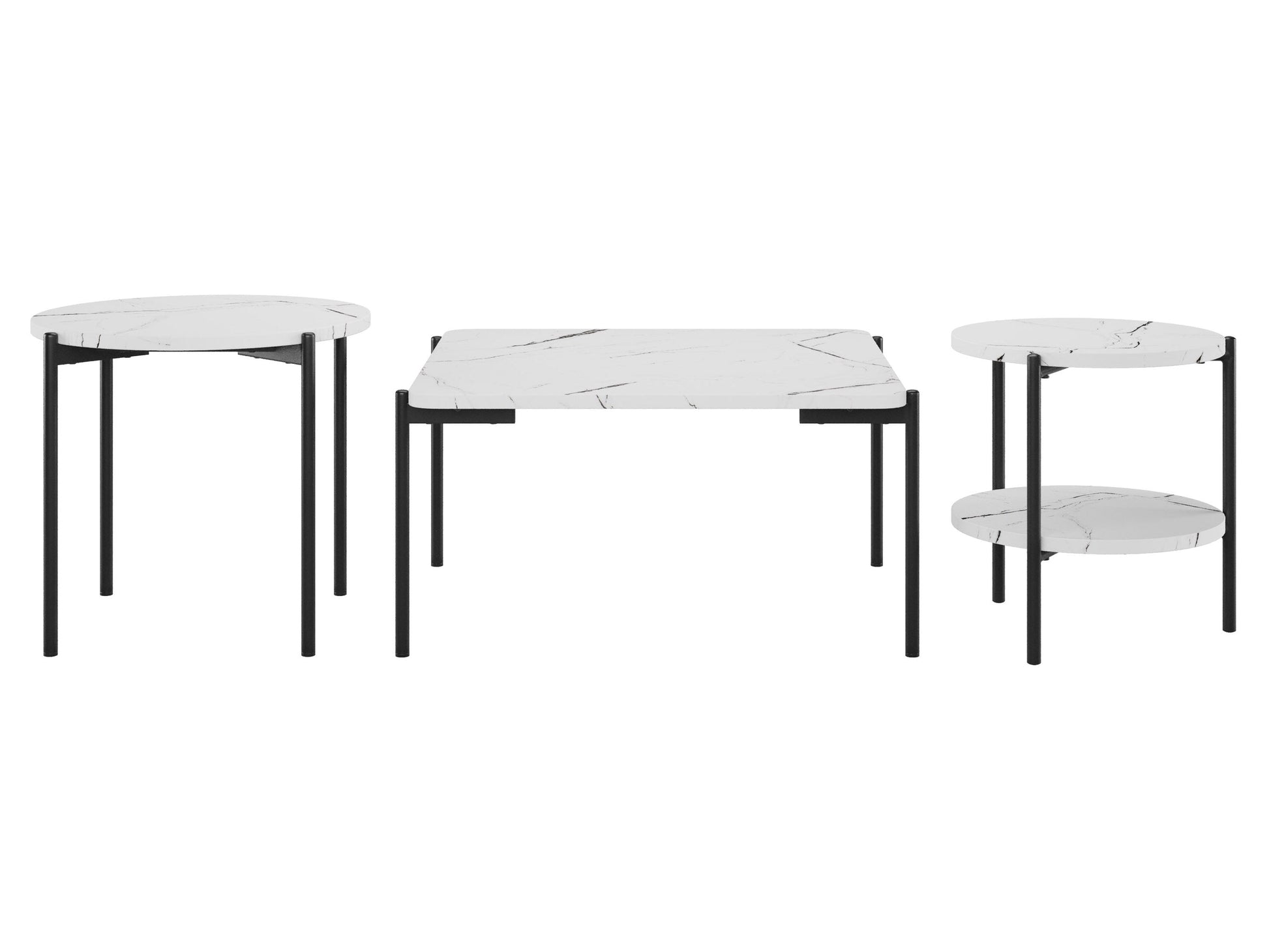 3 piece coffee table set with glass tops, black metal frames, and a modern minimalist design.