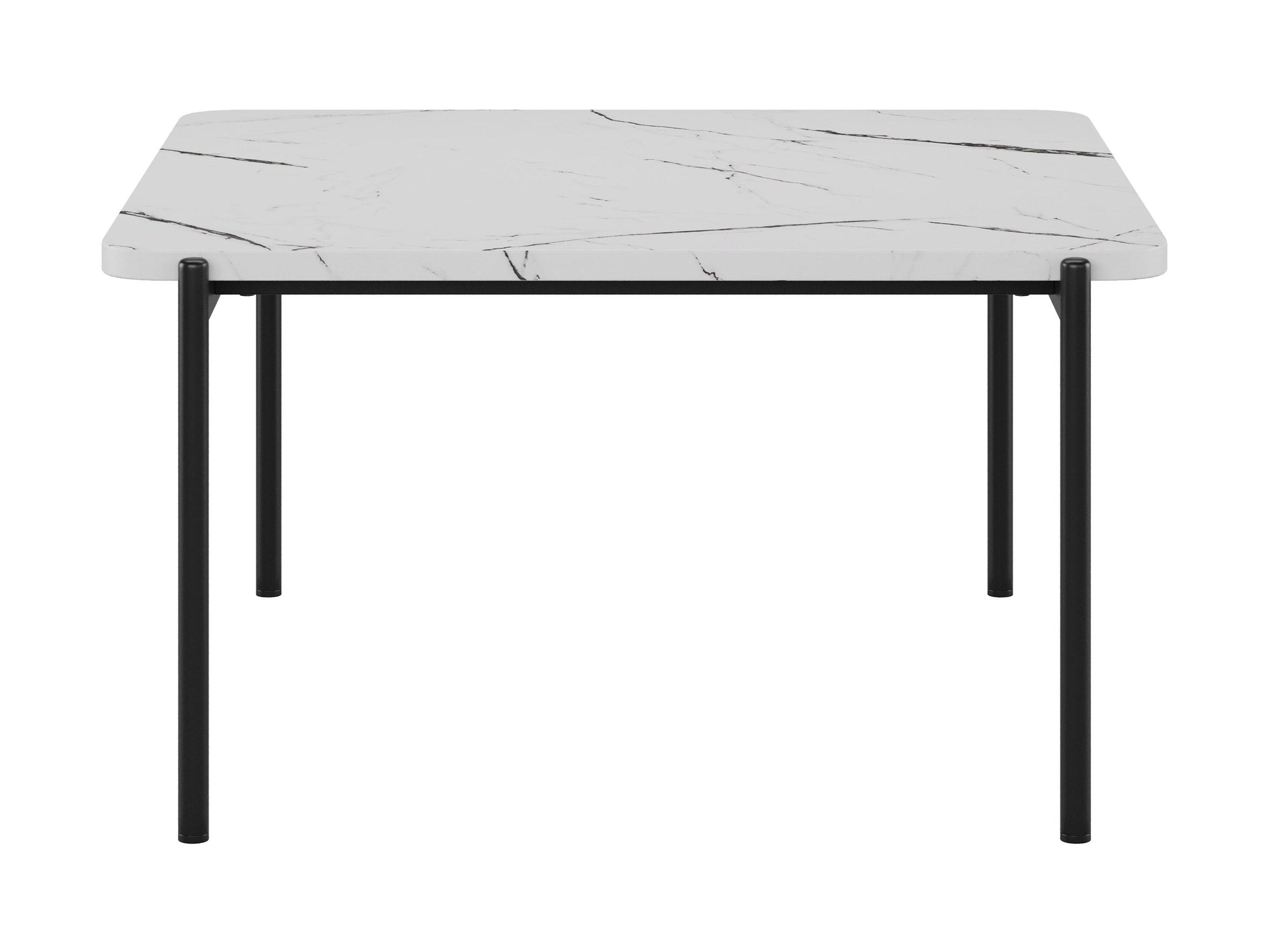Three-piece coffee table set with black metal frames, glass tops, and modern minimalist design.