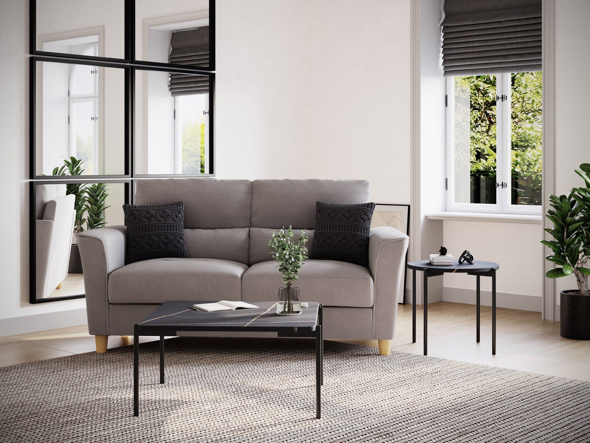 Black marble coffee table set with gold metal legs and sleek modern design.