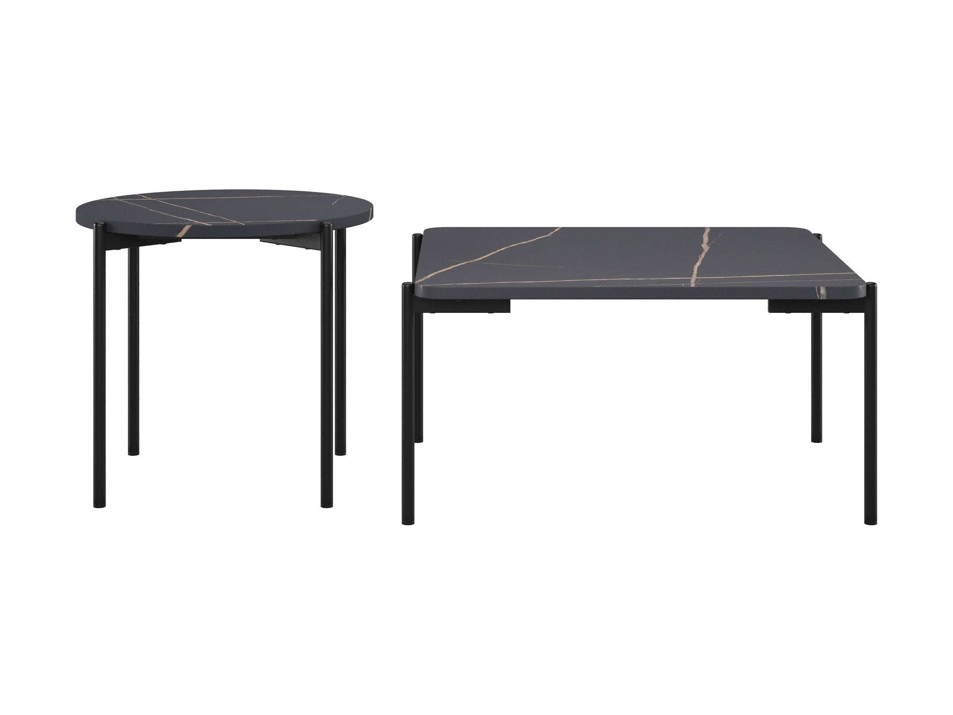 Black marble coffee table set with sleek gold metal legs and modern minimalist design.