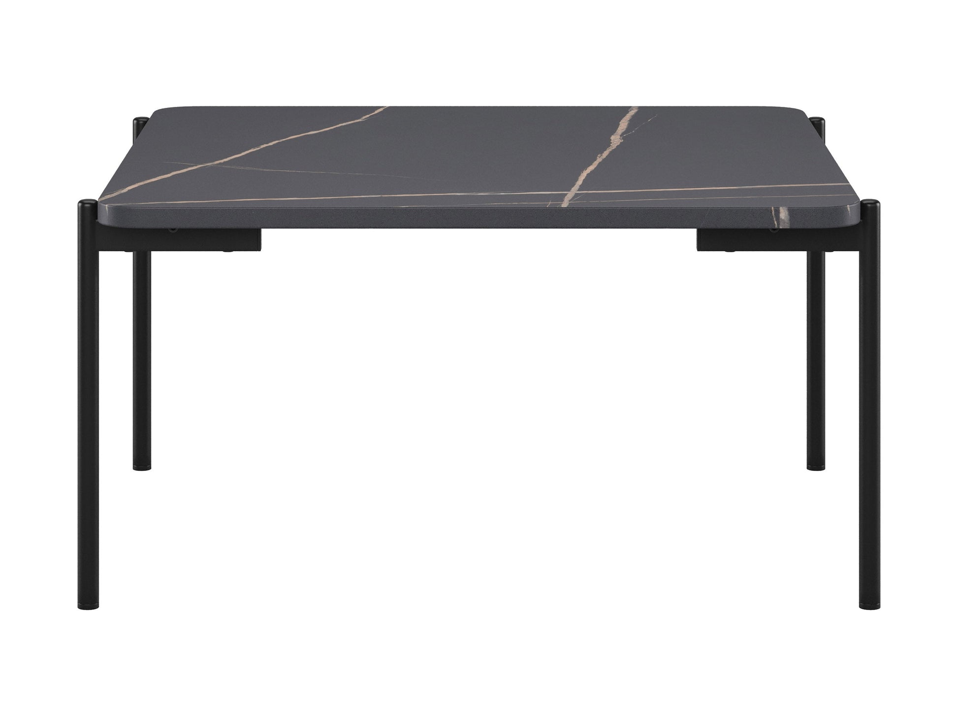 Black marble coffee table set with gold metal legs, sleek design, and modern aesthetic.
