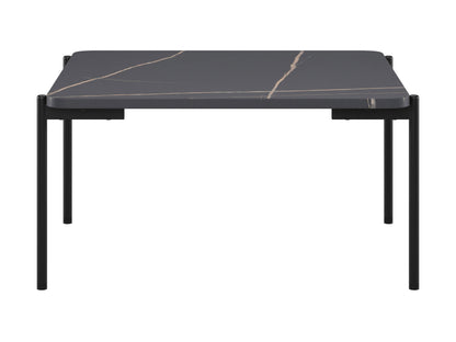 Black marble coffee table set with gold metal legs, sleek design, and modern aesthetic.