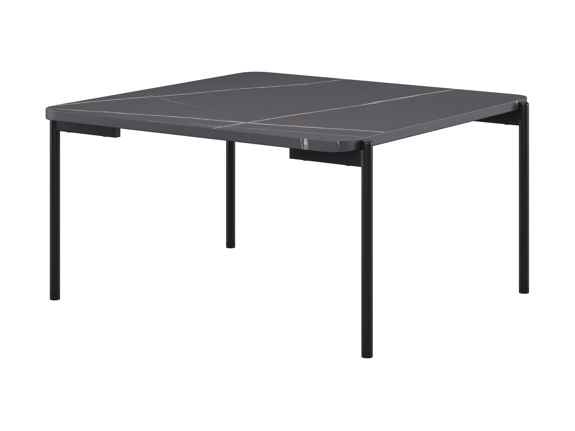 Black marble coffee table set with sleek gold metal legs and a modern minimalist design.