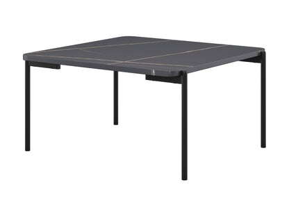 Black marble coffee table set with sleek gold metal legs and a modern minimalist design.