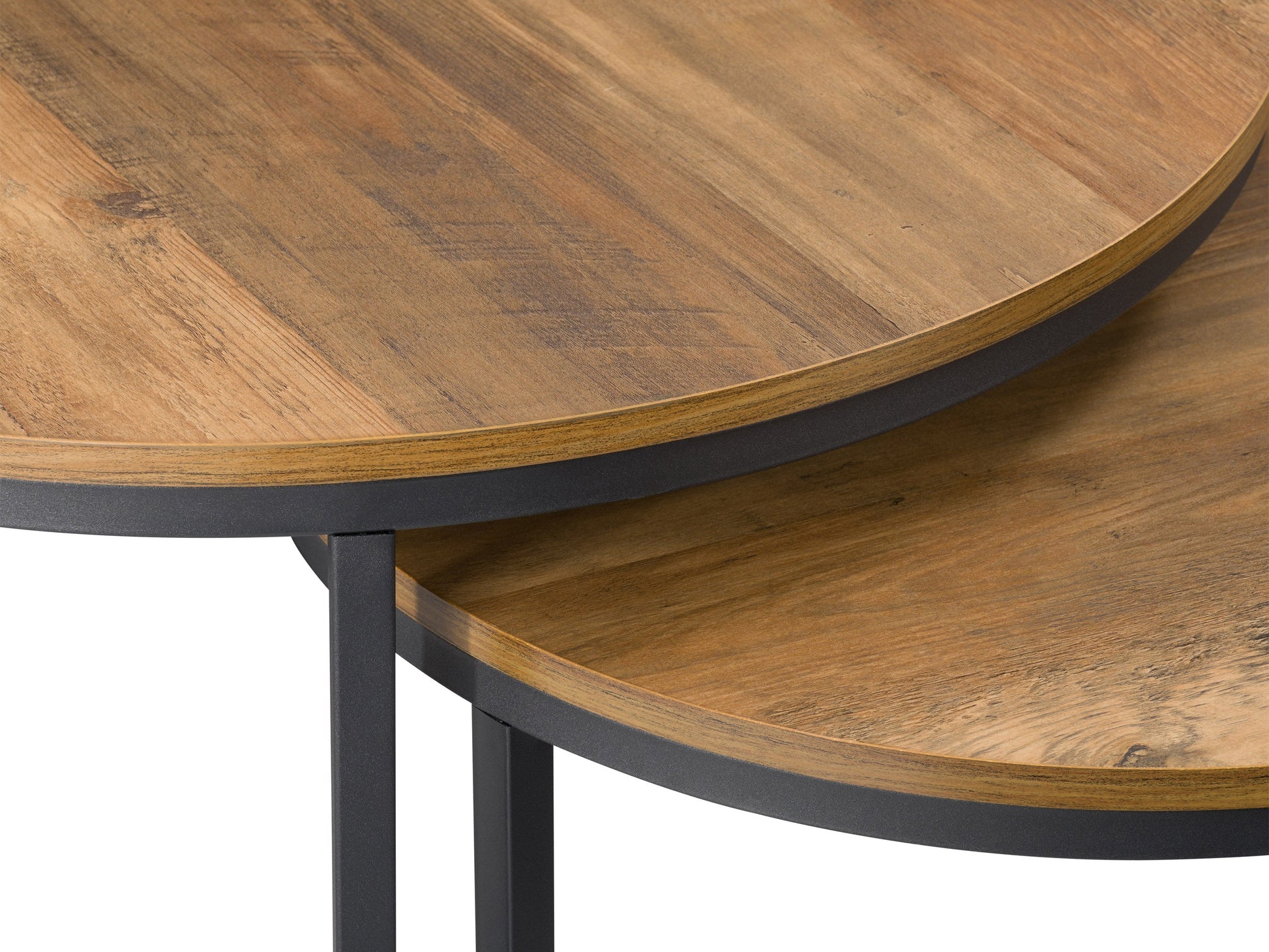 Round nesting coffee tables with brown wood tops and black metal frames, modern design, versatile and space-saving.
