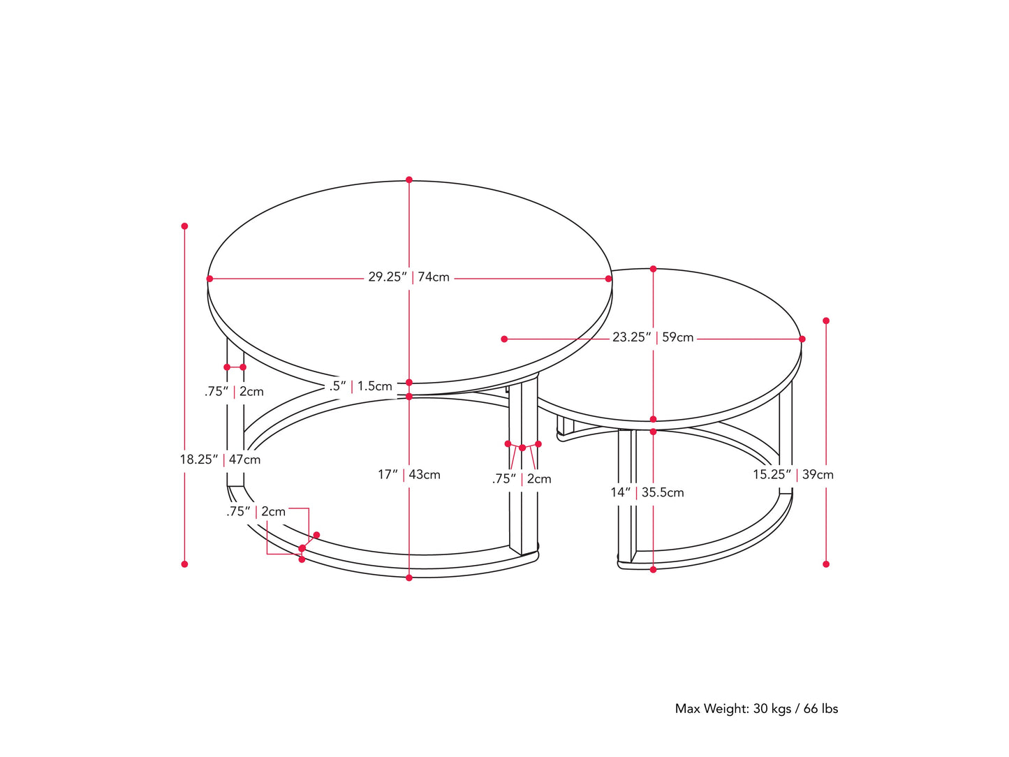 Round nesting coffee tables with brown wood tops and black metal legs, perfect for modern living rooms.