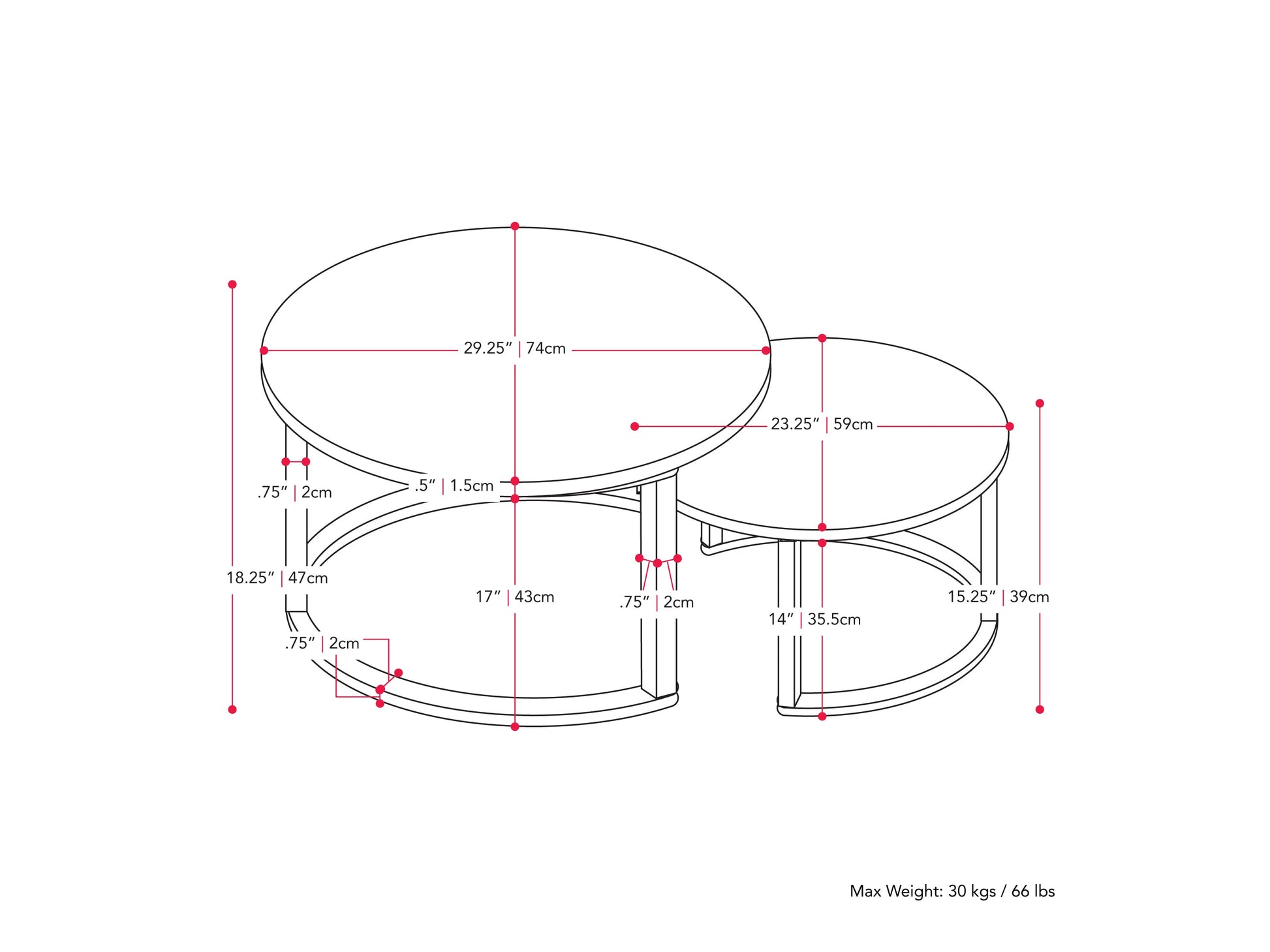 Round nesting coffee tables with brown wood tops and black metal legs, perfect for modern living rooms.