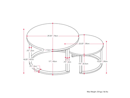 Round nesting coffee tables with brown wood tops and black metal legs, perfect for modern living rooms.