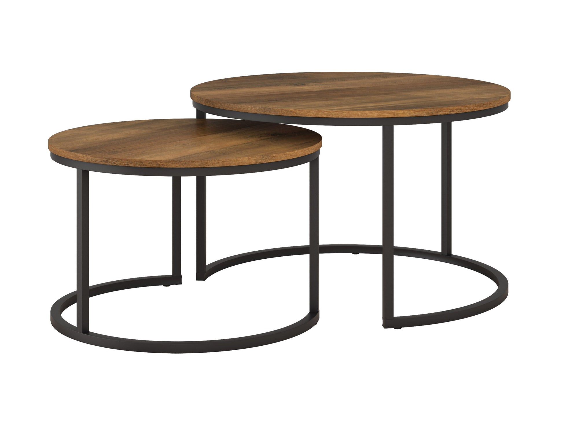 Round nesting coffee tables with brown wood tops and black metal frames, featuring a modern and space-saving design.