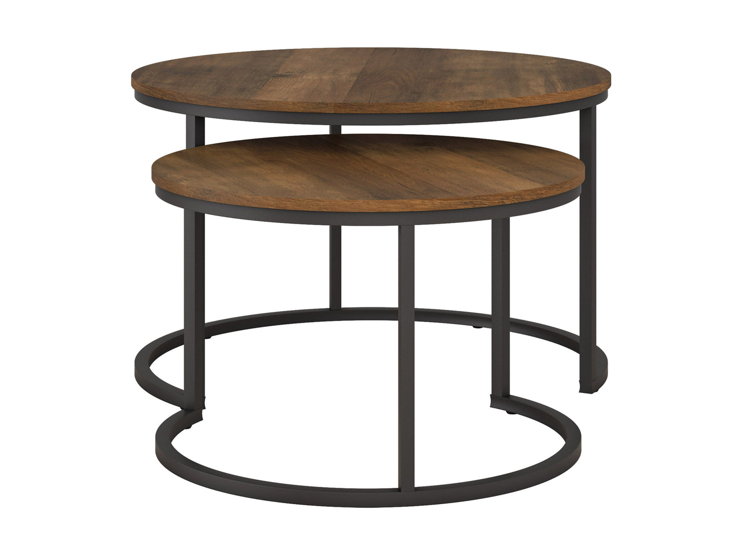 Round nesting coffee tables with brown wood tops and black metal legs, modern design, space-saving furniture.