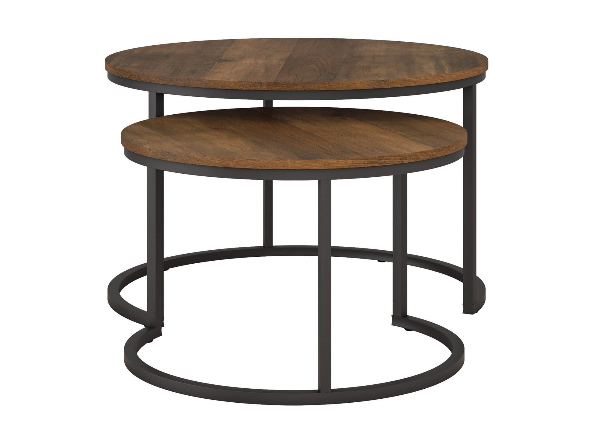 Round nesting coffee tables with brown wood tops and black metal legs, modern design, space-saving furniture.