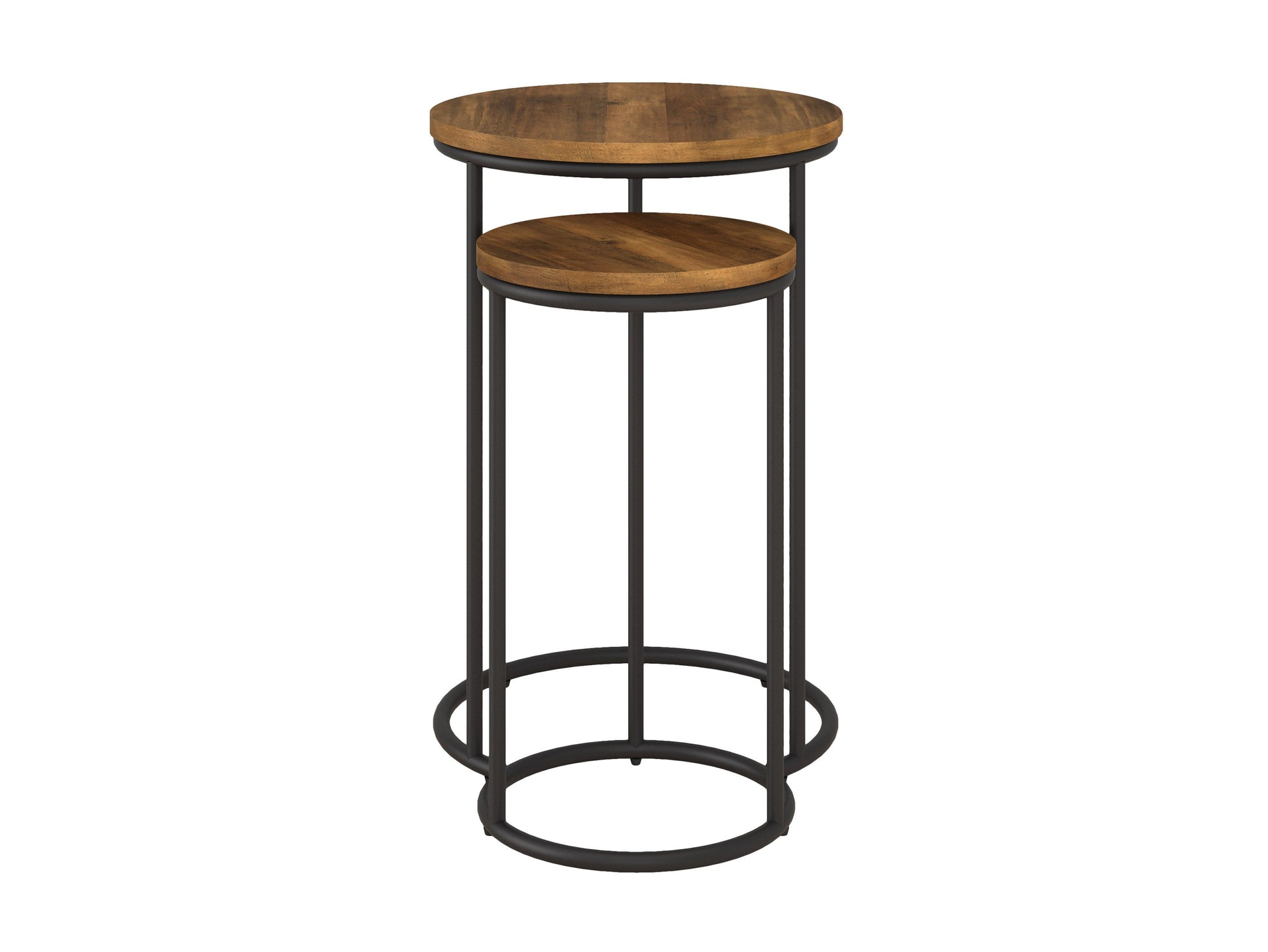Brown wood round nesting side tables with sleek design and sturdy black metal legs.