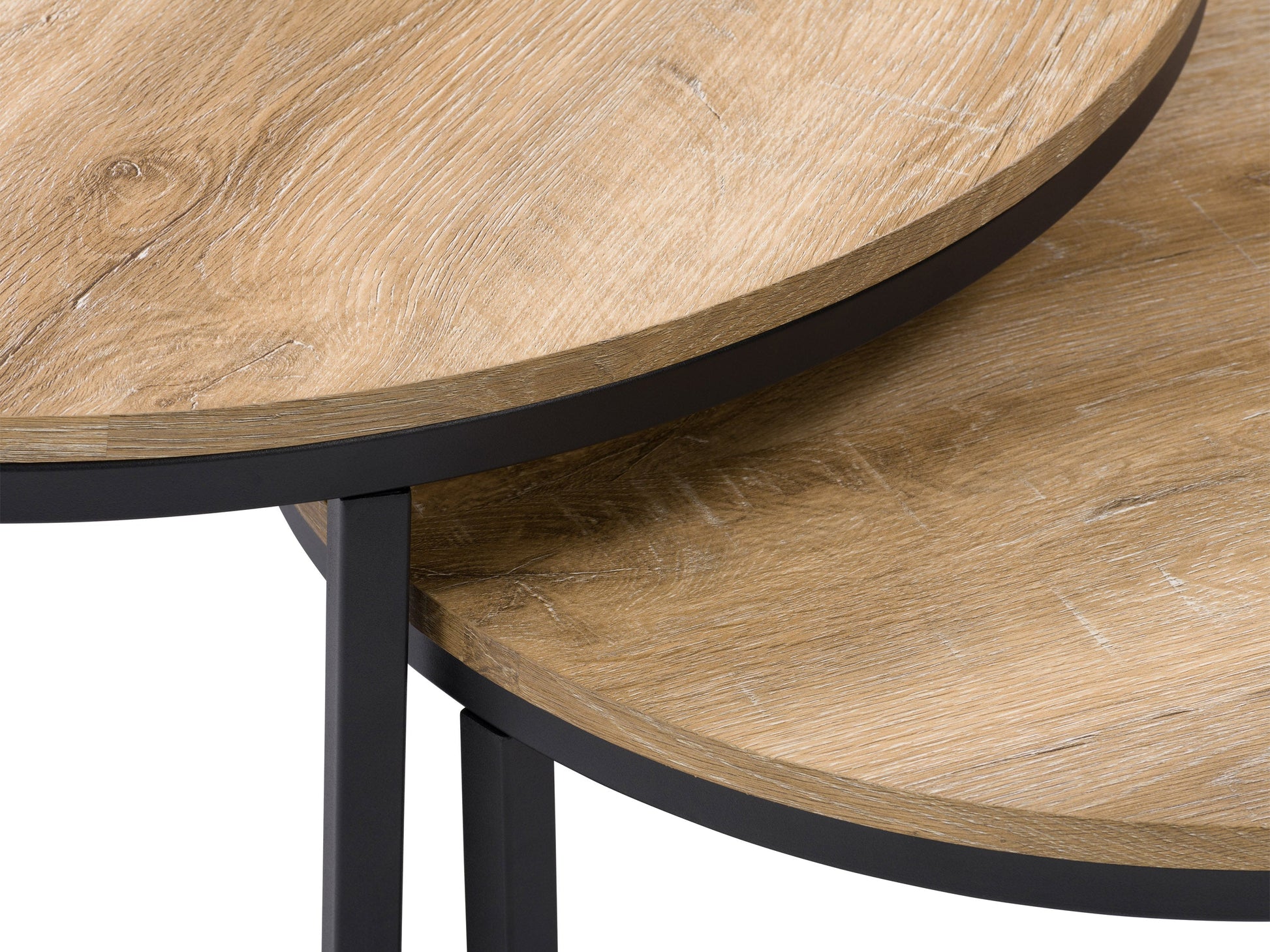 Light wood round nesting coffee tables with metal legs, minimalist design, and smooth finish.