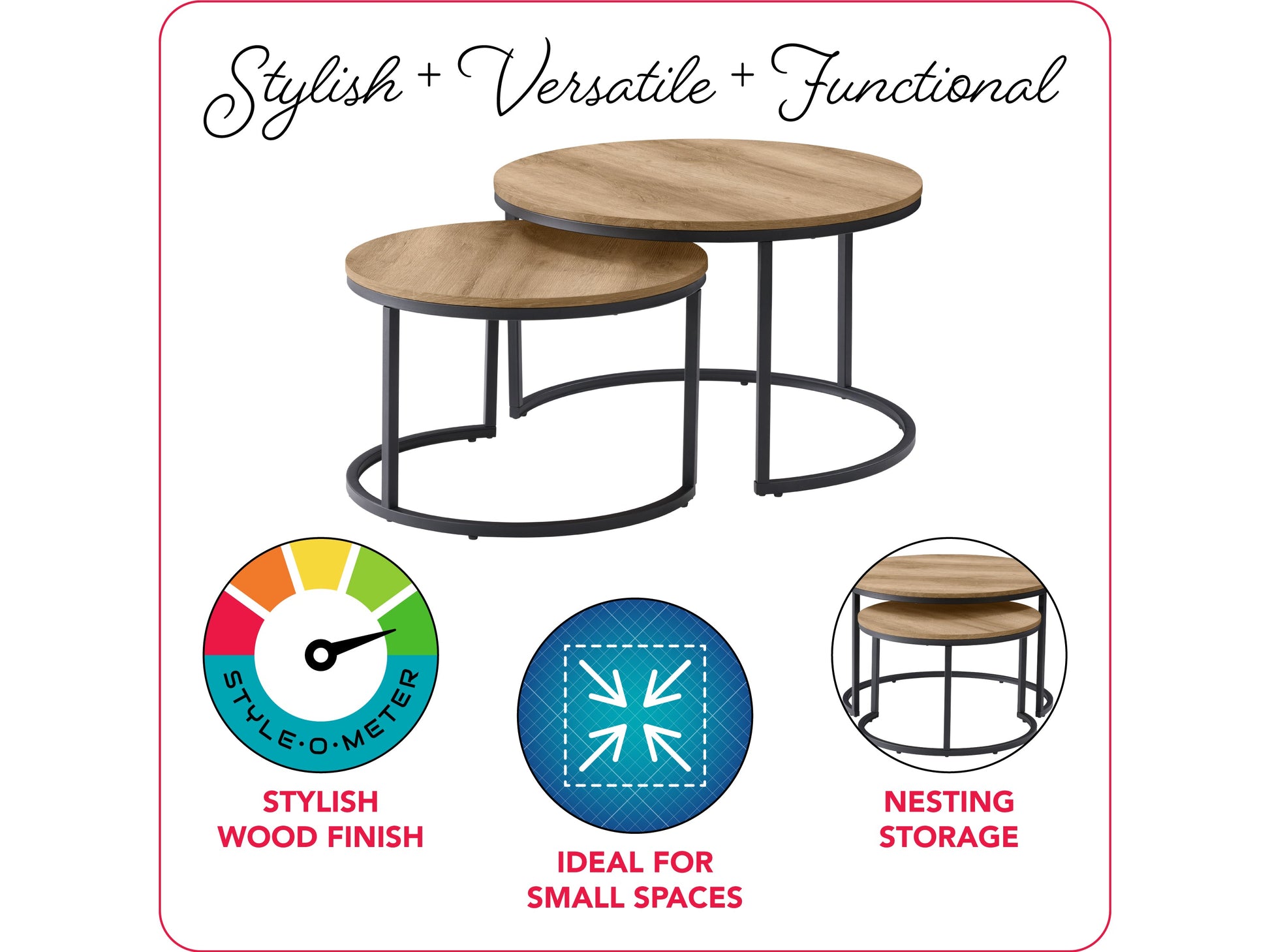 Round nesting coffee tables, light wood finish, minimalist design, metal frame, modern living room furniture.