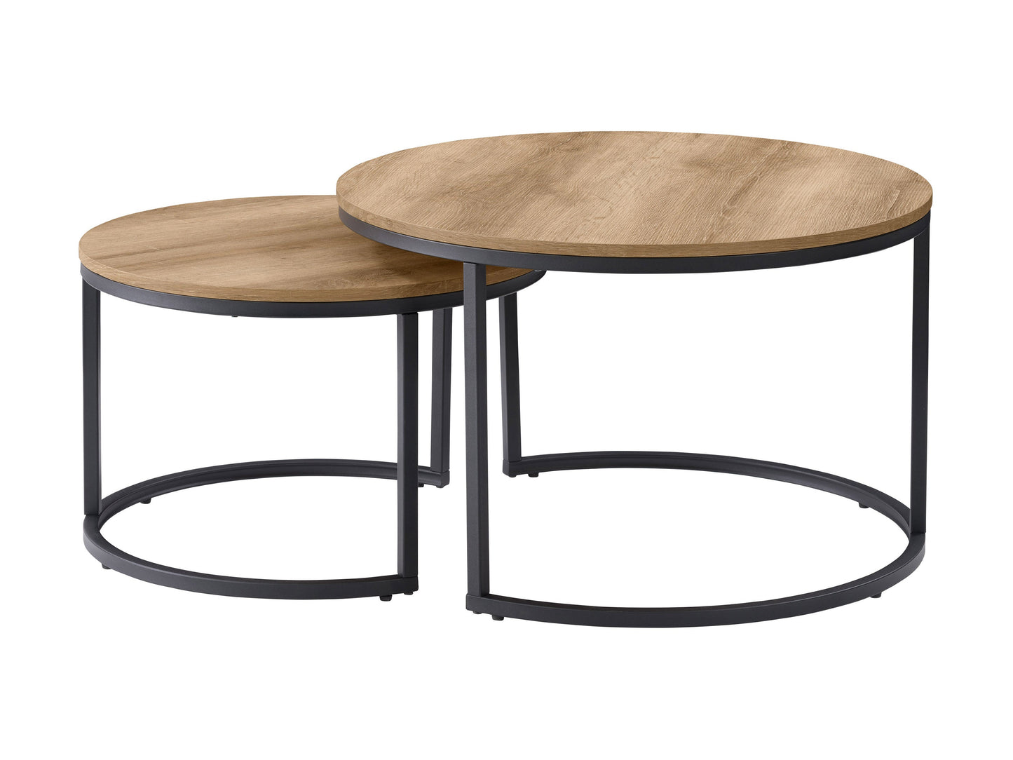 Round nesting coffee tables, light wood finish, minimalist design, versatile, space-saving furniture set.
