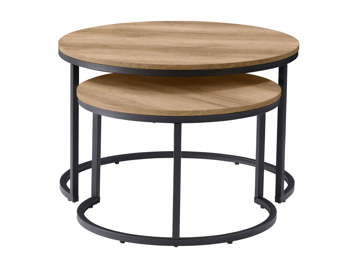 Round nesting coffee tables in light wood with sleek black metal legs, modern minimalist design, and space-saving functionality.