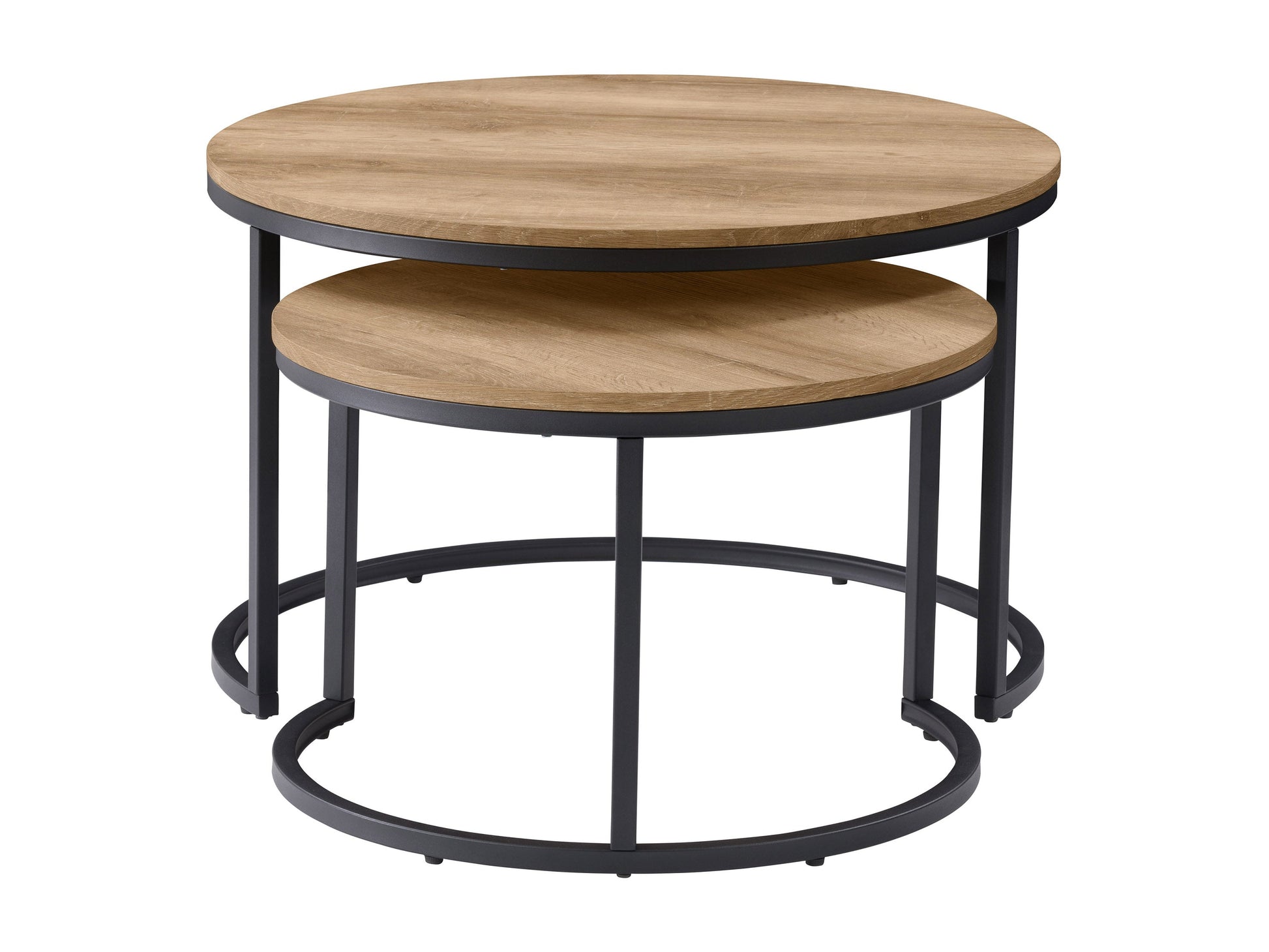 Round nesting coffee tables in light wood with sleek black metal legs, modern minimalist design, and space-saving functionality.