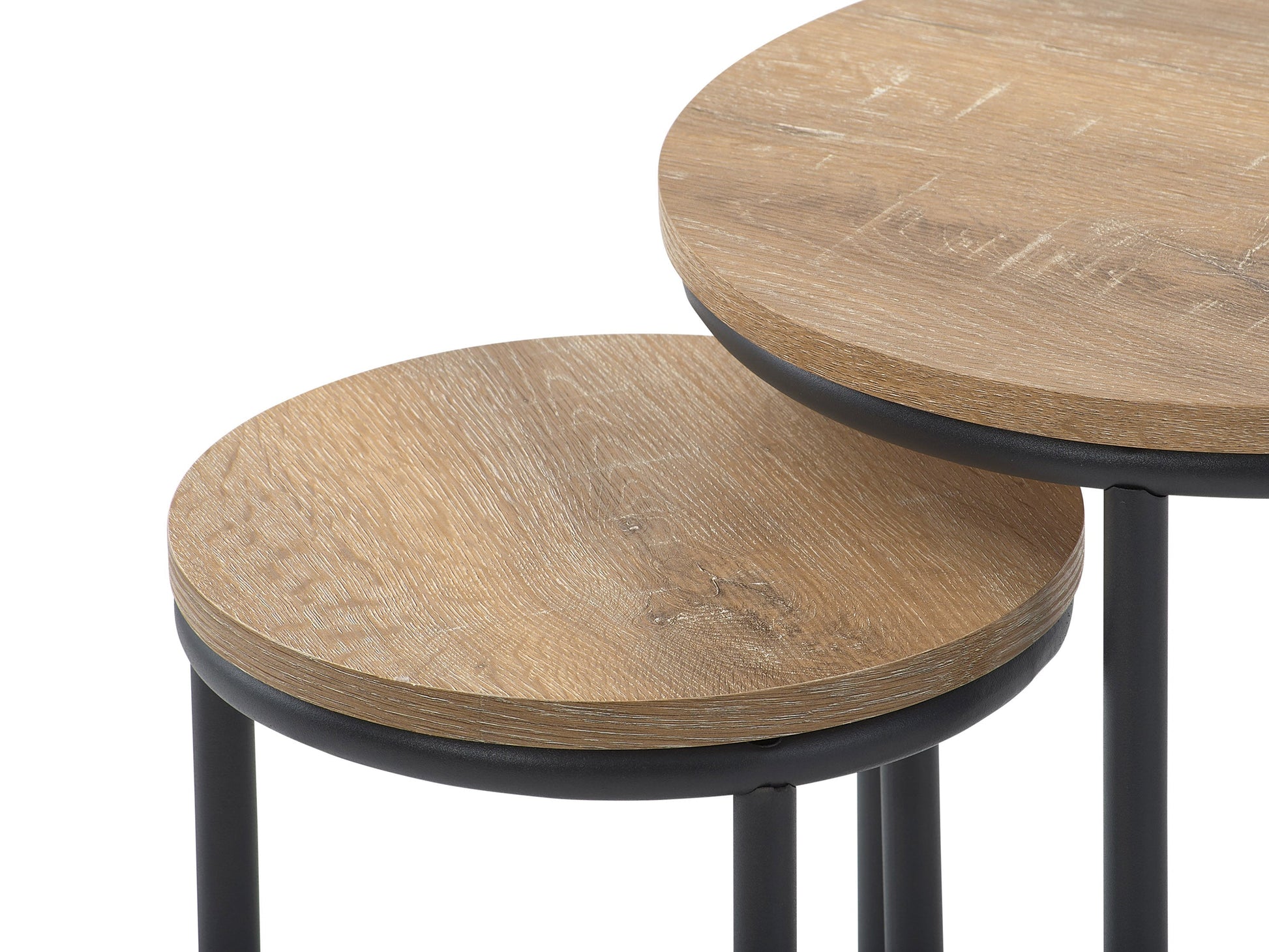 Round nesting side tables in light wood with metal legs, minimalist design, and versatile functionality.